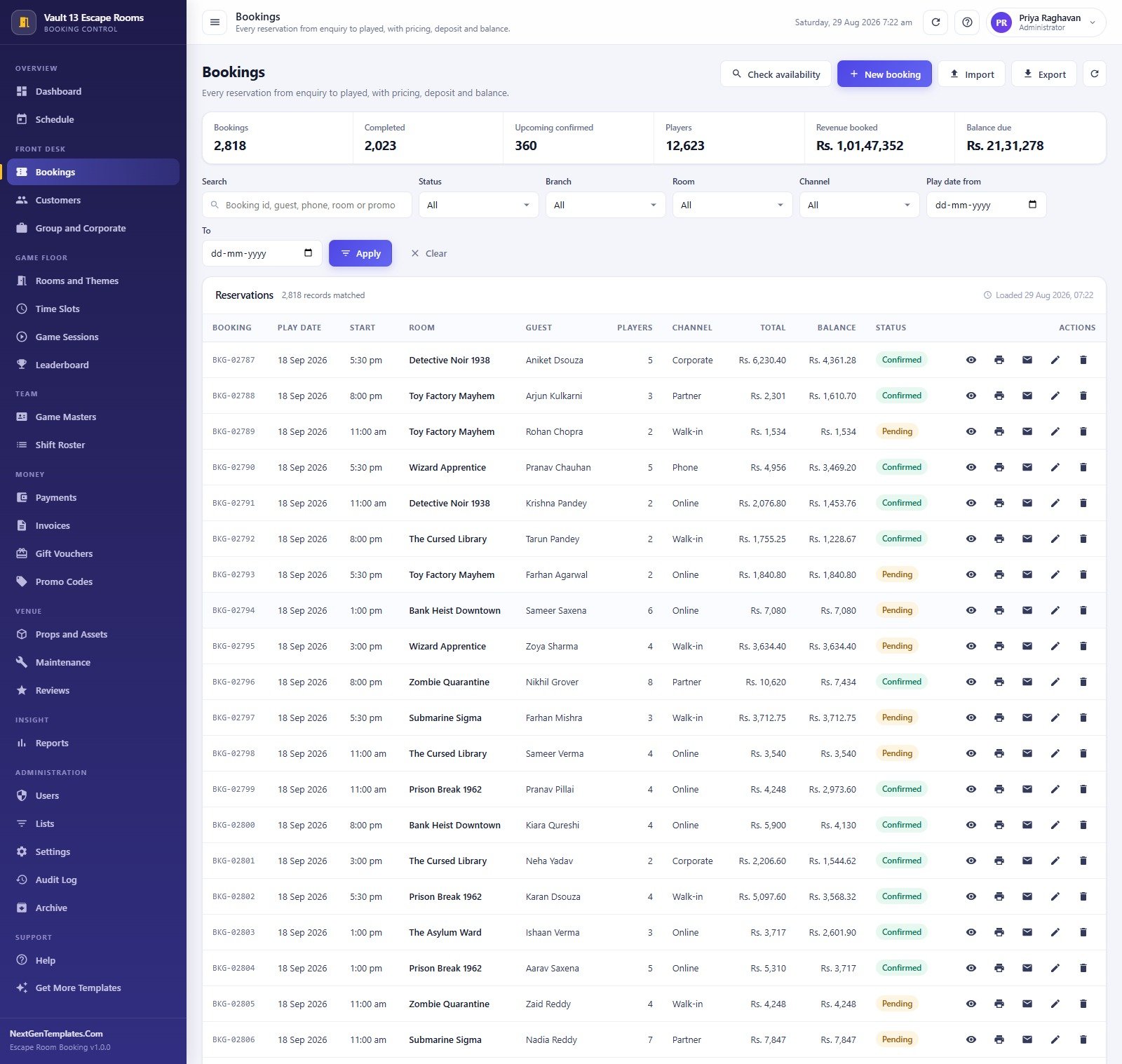 Bookings screen listing reservations with room, guest, players, channel, total, balance and status