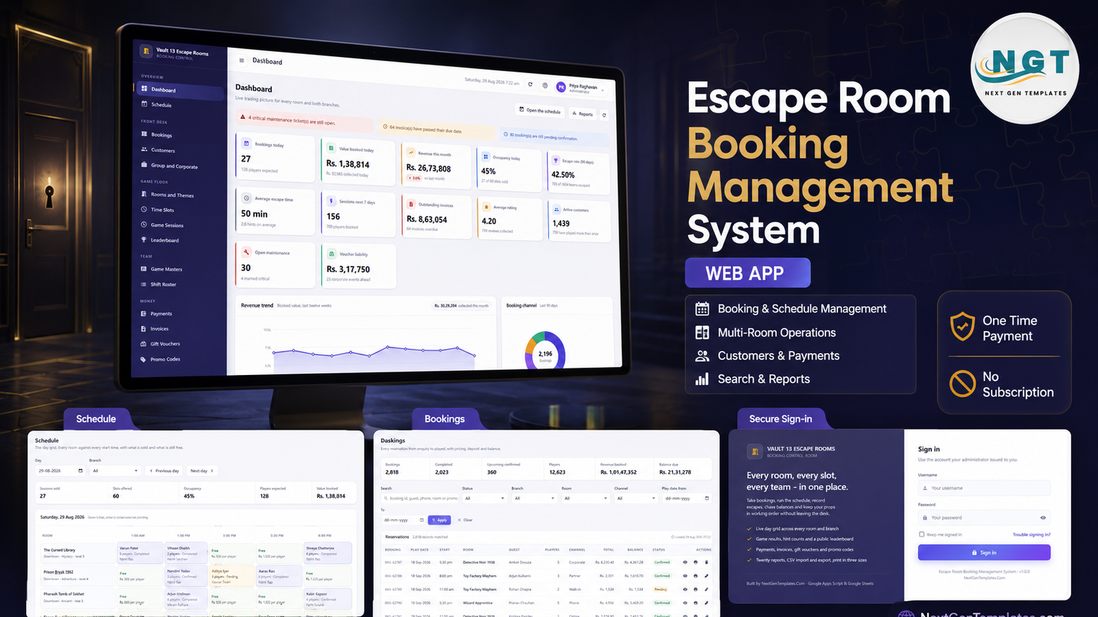 Escape Room Booking Management System Web App - dashboard, schedule, bookings and sign-in screens