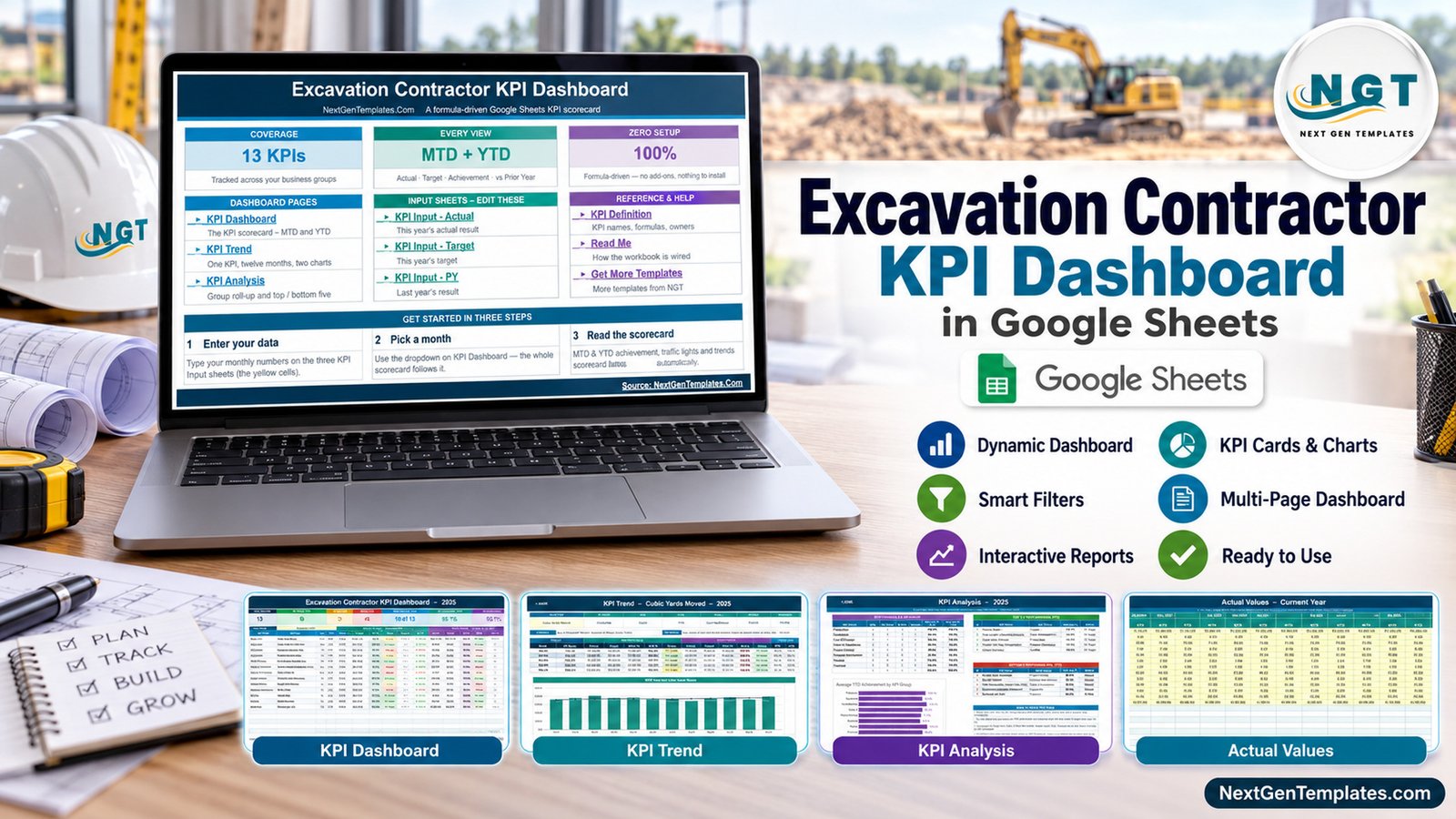 Excavation Contractor KPI Dashboard in Google Sheets