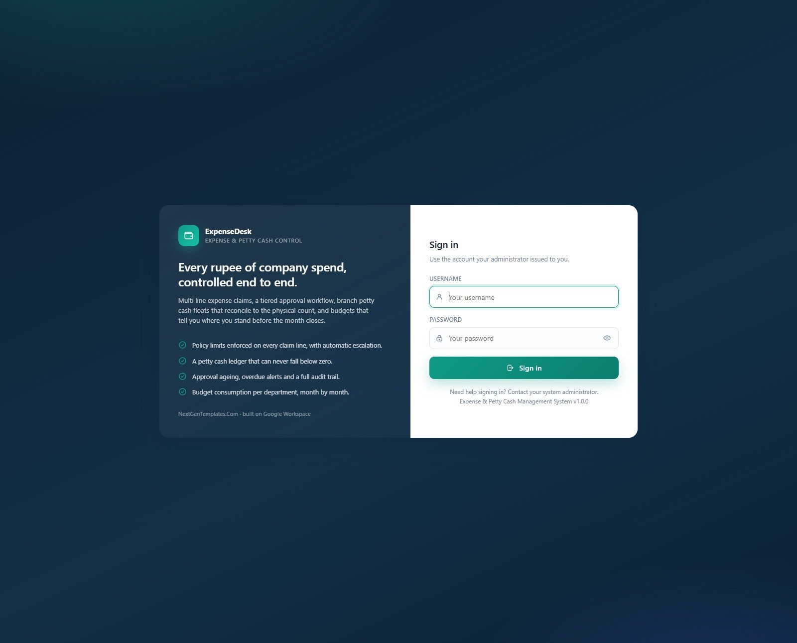 Expense & Petty Cash Management System Web App sign-in screen