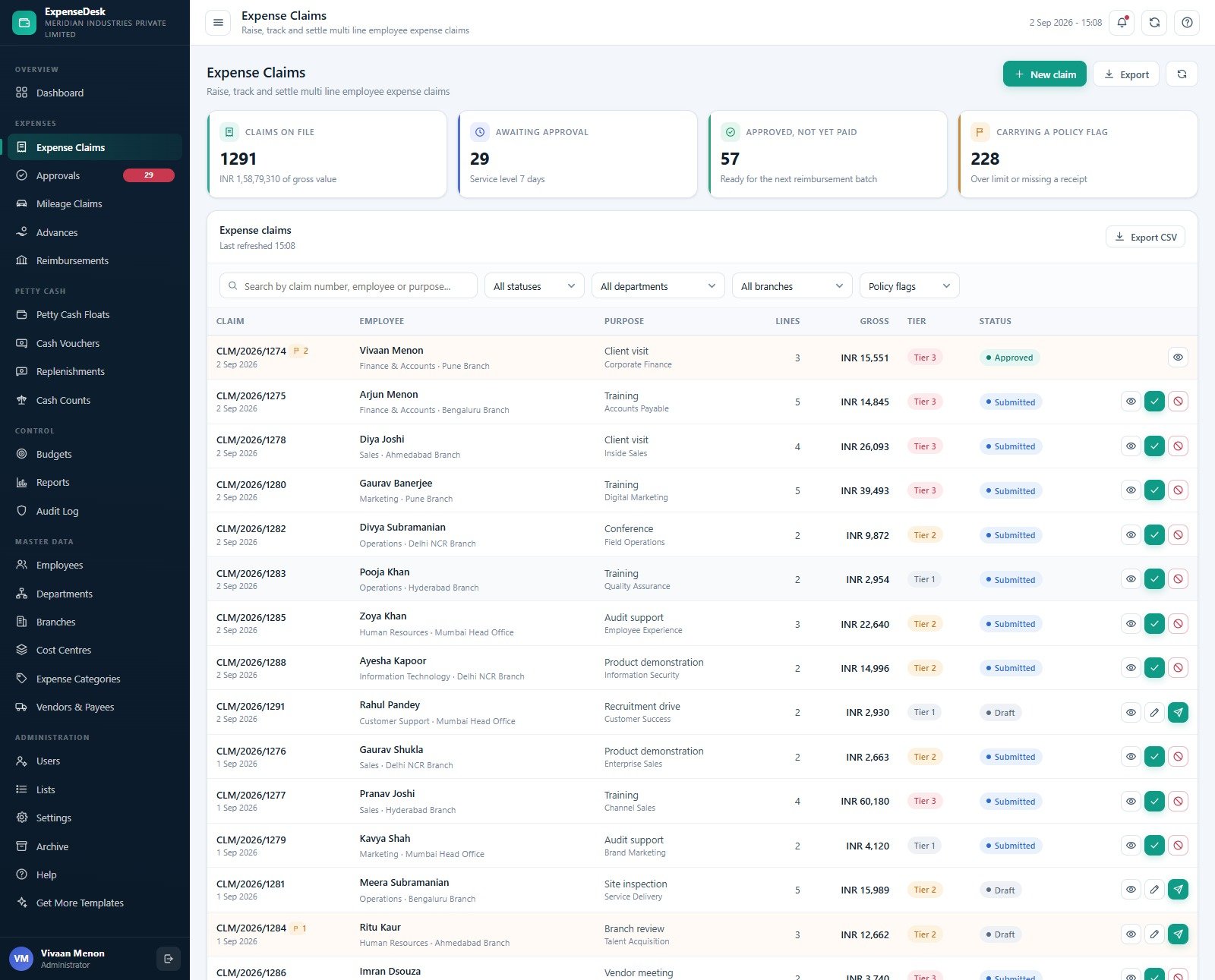 Expense claims register in the Expense & Petty Cash Management System Web App