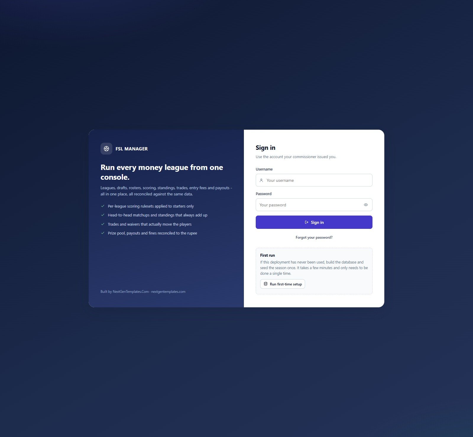Fantasy Sports League Management System Web App sign-in screen with the first-run setup panel
