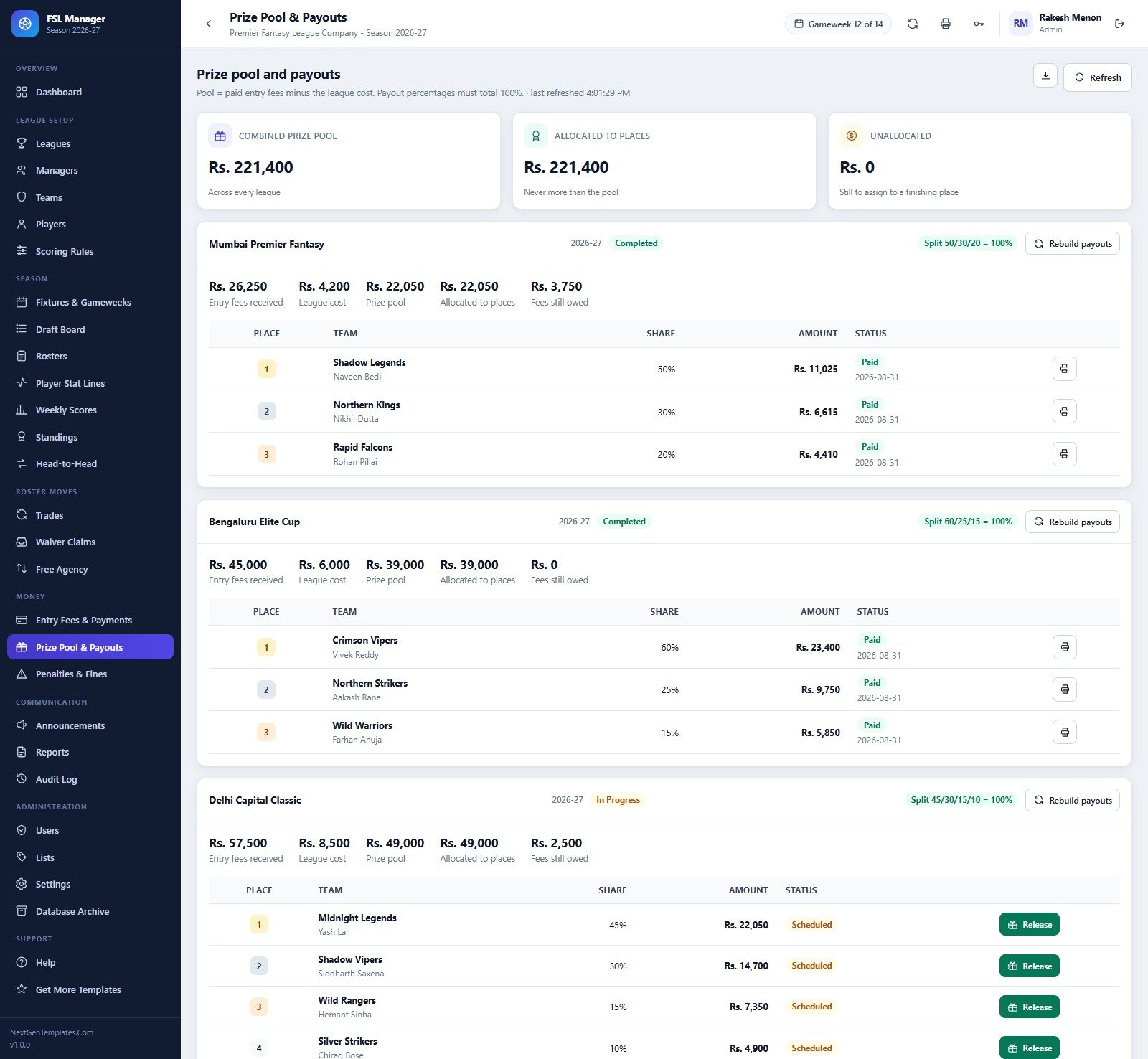 Prize pool and payouts screen with per-league payout splits, paid and scheduled prizes