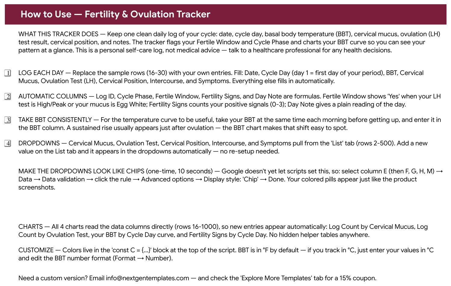 Instructions tab of the Fertility and Ovulation Tracker in Google Sheets explaining the automatic columns, BBT entry and List tab dropdowns
