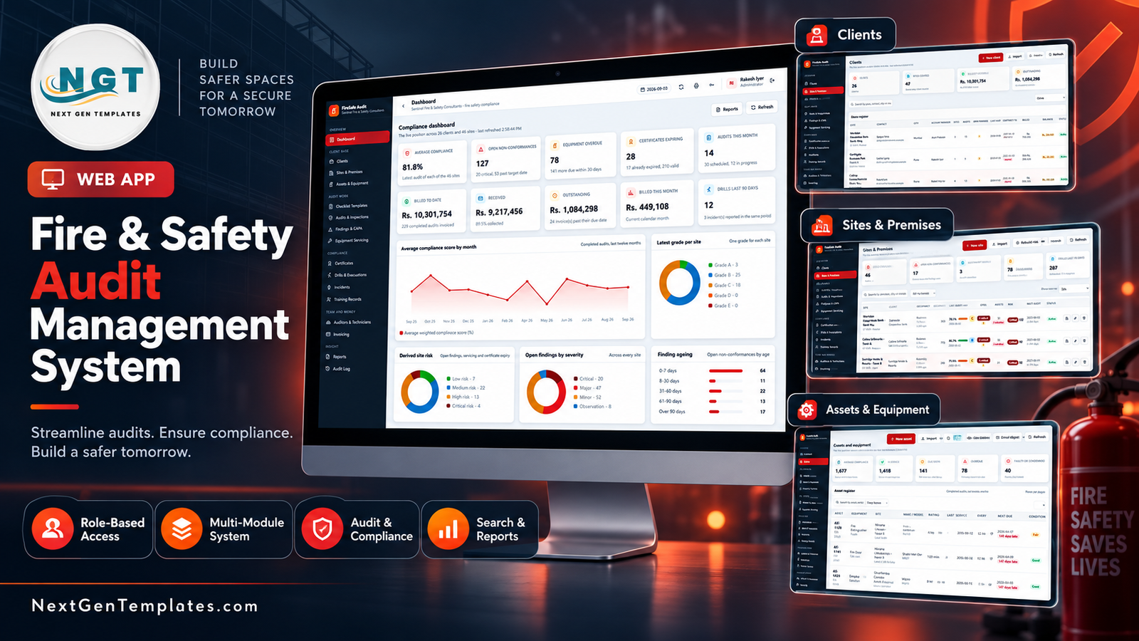 Fire safety audit management system web app shown on desktop and tablet with the compliance dashboard, client register and asset register