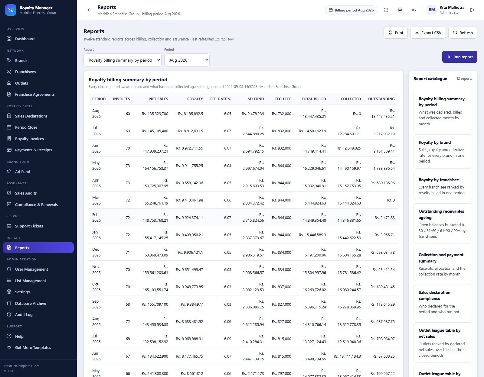 Franchise Royalty Management System Web App twelve standard reports