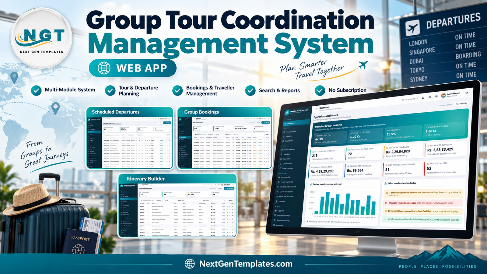 Group Tour Coordination Management System web app dashboard, departures, bookings and itinerary builder