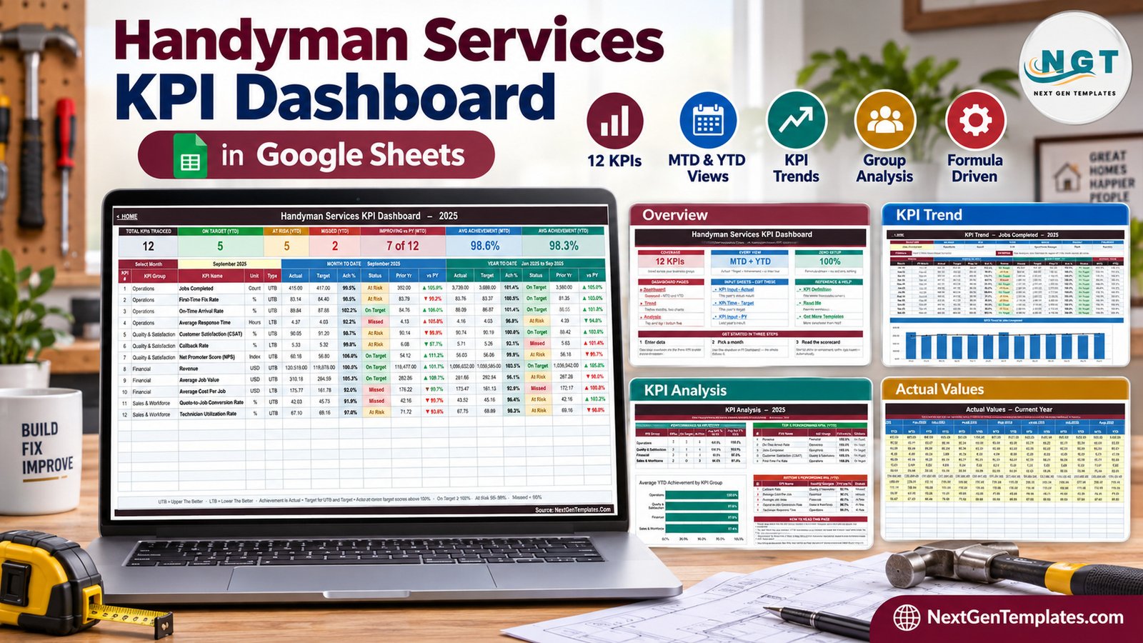 Handyman Services KPI Dashboard in Google Sheets