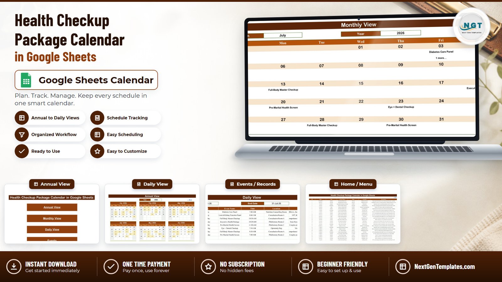 Health Checkup Package Calendar in Google Sheets shown on a laptop with Annual, Daily, Events and Home tabs