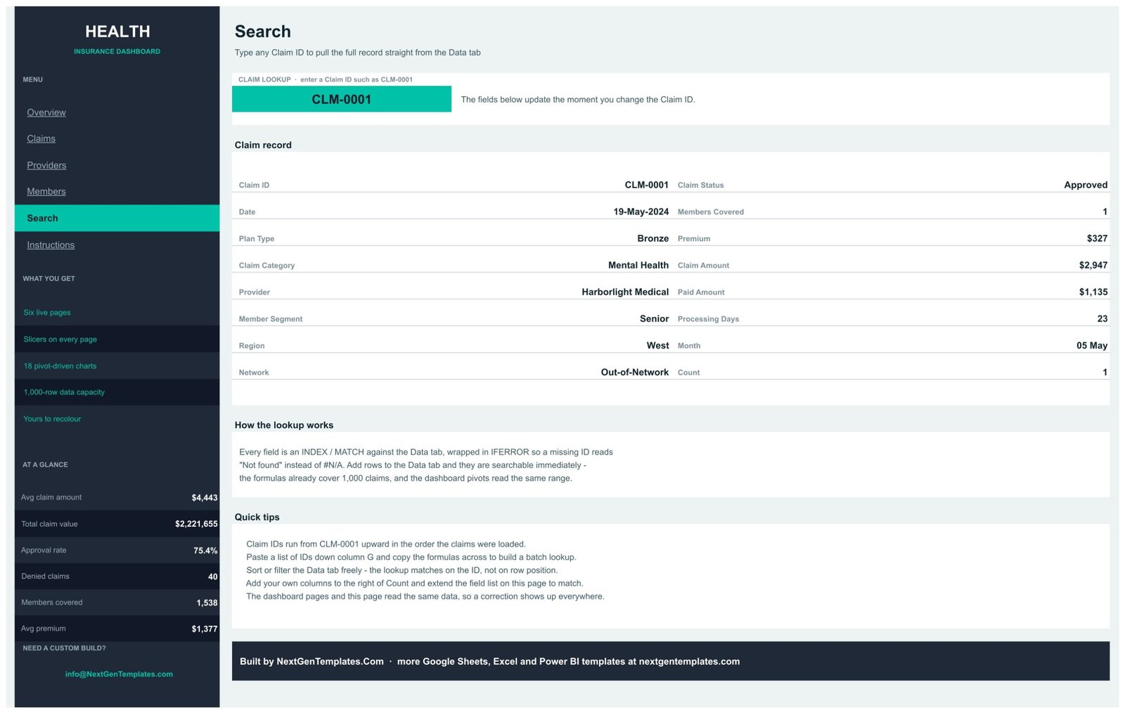 Search page - type a Claim ID to pull the full record from the Data tab