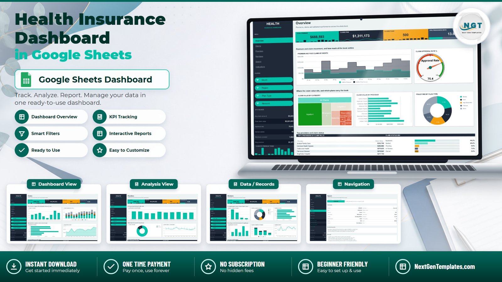 Health Insurance Dashboard in Google Sheets - four reporting pages, 18 pivot charts and a claim lookup