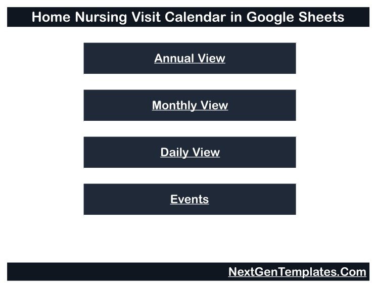 Home menu of the Home Nursing Visit Calendar in Google Sheets with four navigation buttons