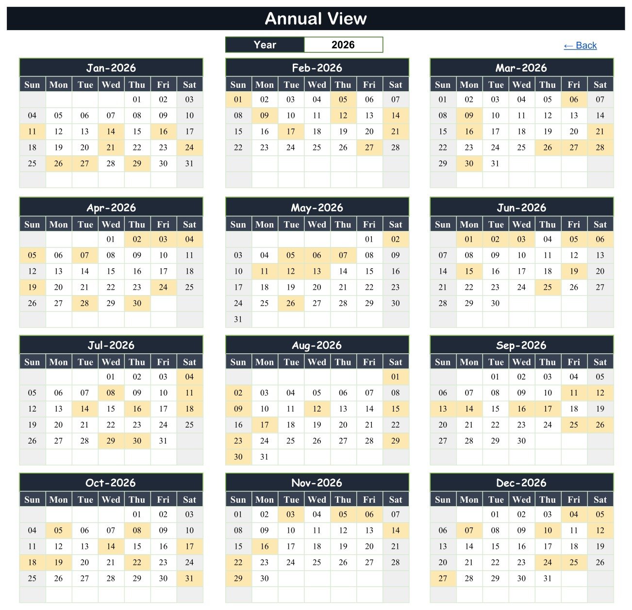Annual View of the Home Nursing Visit Calendar showing twelve 2026 month grids with visit days shaded