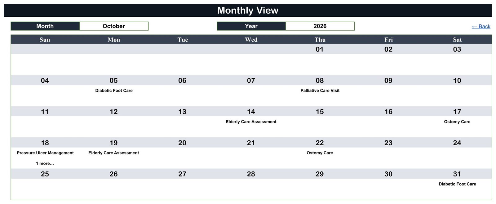 Monthly View of the Home Nursing Visit Calendar for October 2026 with visit names written onto the days