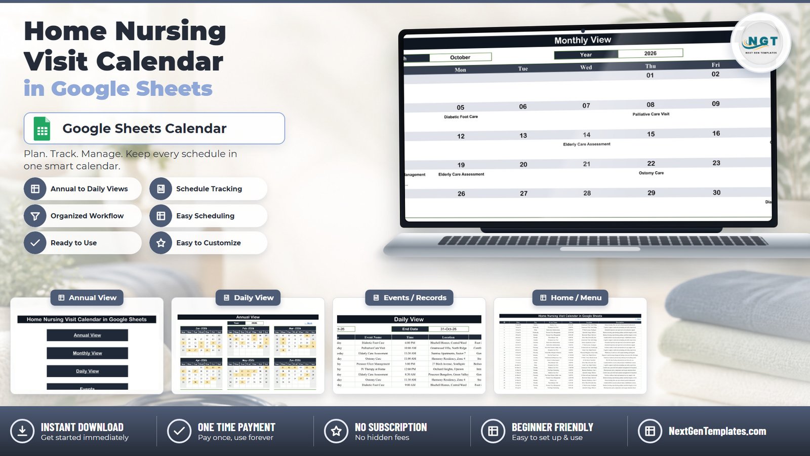 Home Nursing Visit Calendar in Google Sheets - annual, monthly and daily calendar views