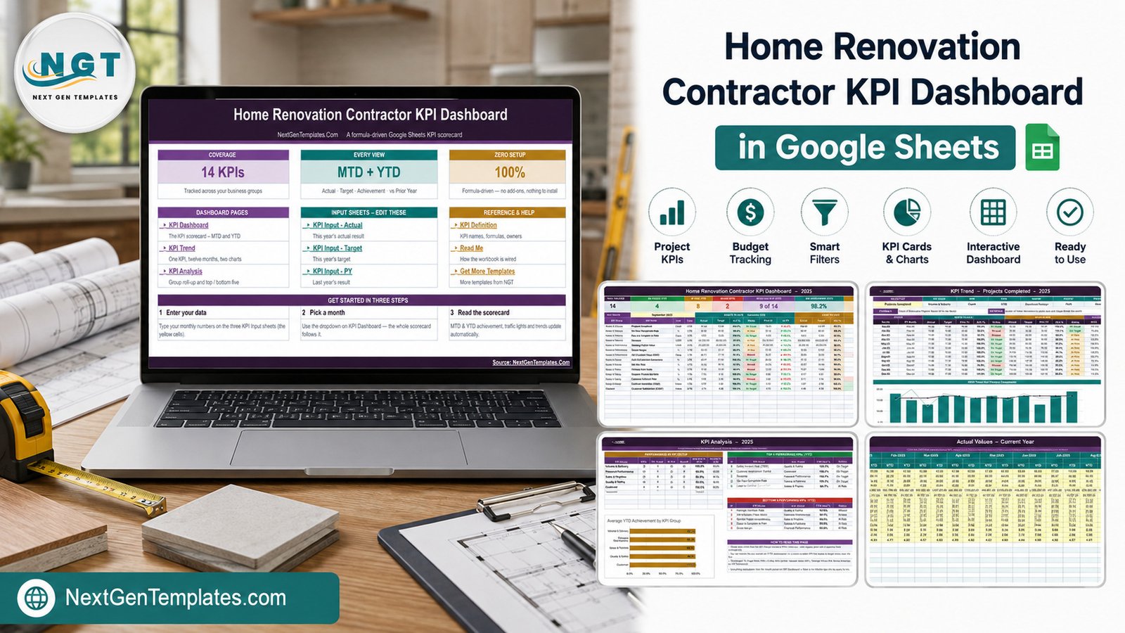 Home Renovation Contractor KPI Dashboard in Google Sheets