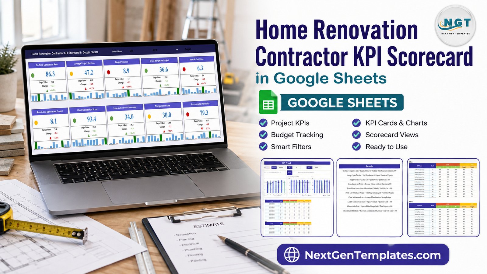 Home Renovation Contractor KPI Scorecard in Google Sheets