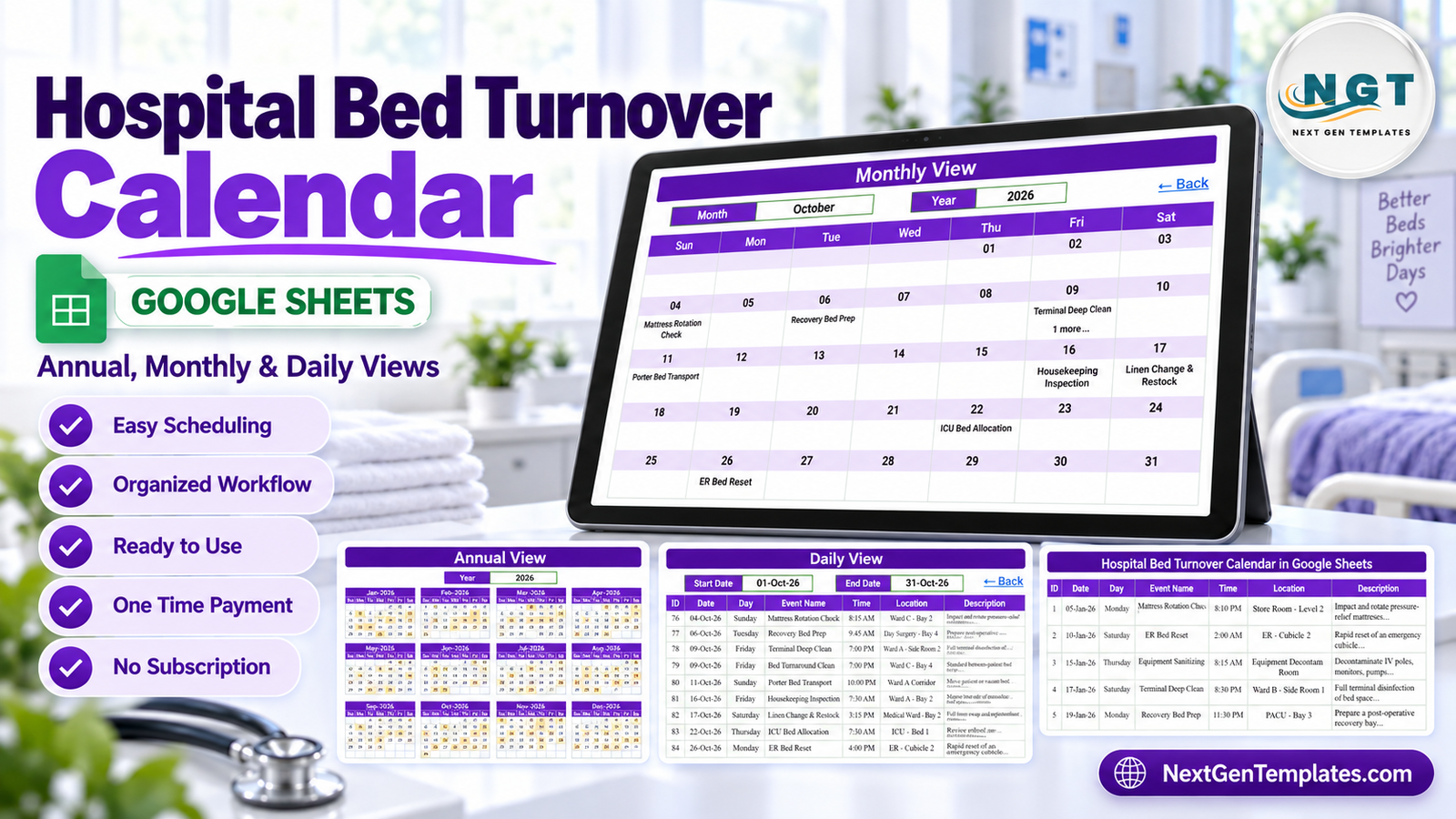 Hospital Bed Turnover Calendar in Google Sheets showing annual monthly daily and events views