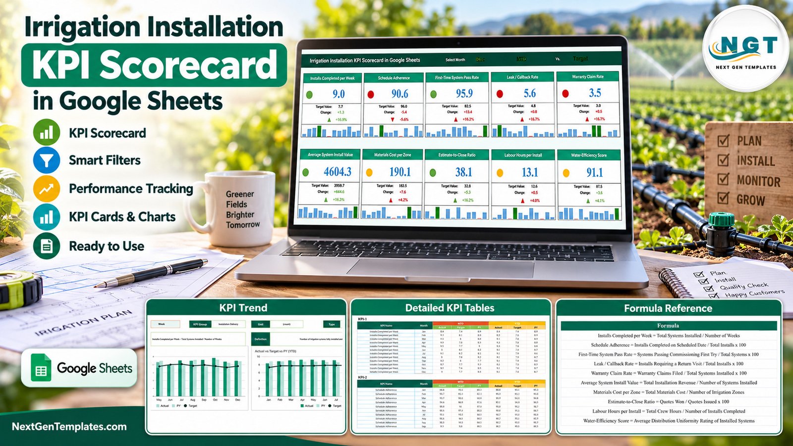 Irrigation Installation KPI Scorecard in Google Sheets