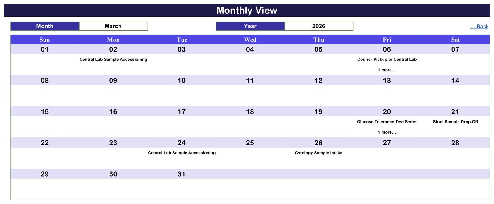 Monthly View of the Lab Sample Collection Calendar in Google Sheets showing March 2026 rounds in a Sunday to Saturday grid with a 1 more note