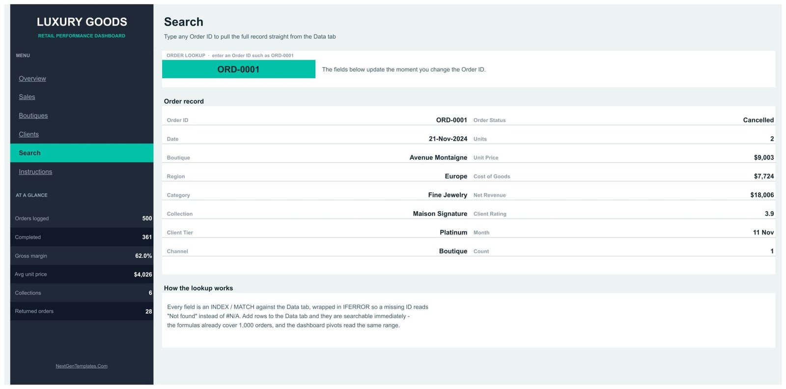Luxury Goods Dashboard in Google Sheets - Search page
