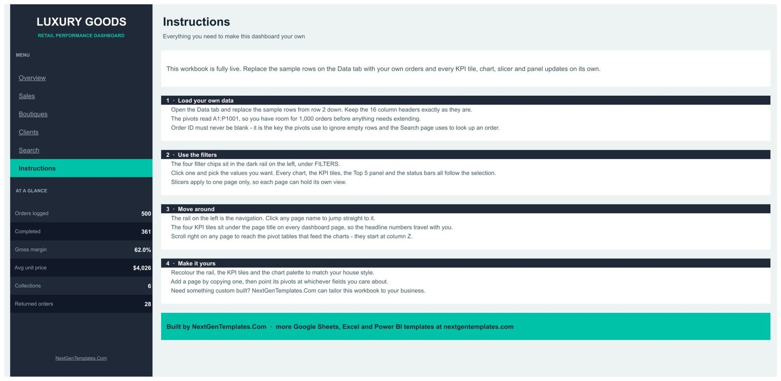 Luxury Goods Dashboard in Google Sheets - Instructions page