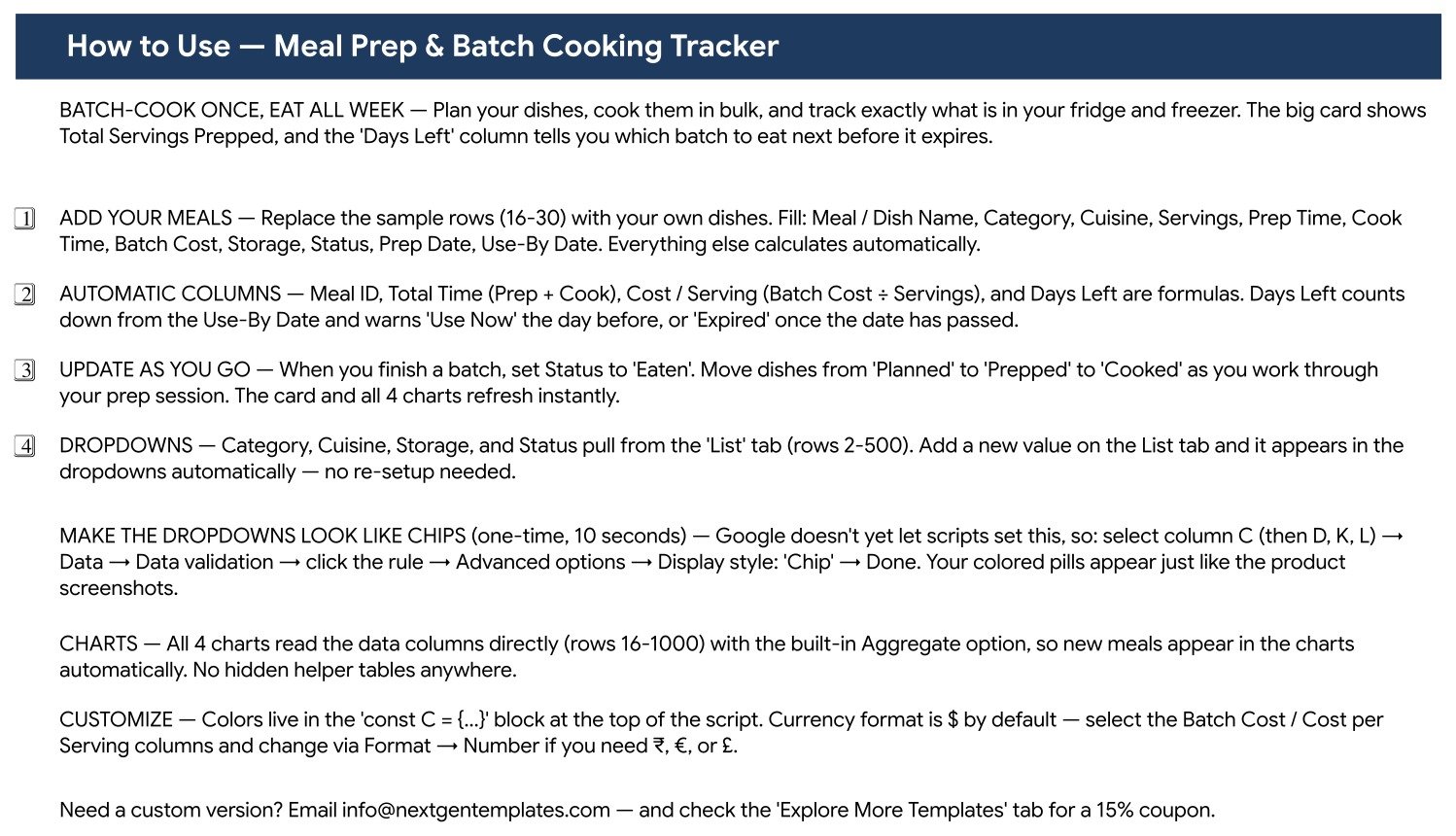Instructions tab of the Meal Prep and Batch Cooking Tracker explaining the automatic columns, dropdowns and chart behaviour