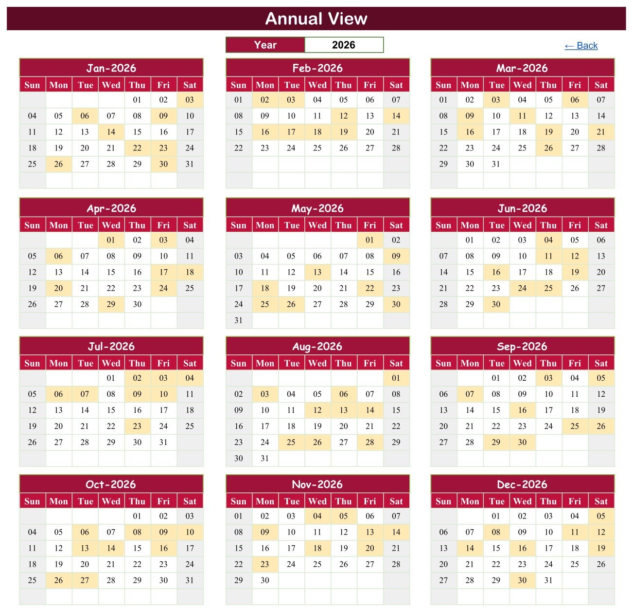 Annual View showing twelve 2026 month grids with every scheduled calibration day shaded