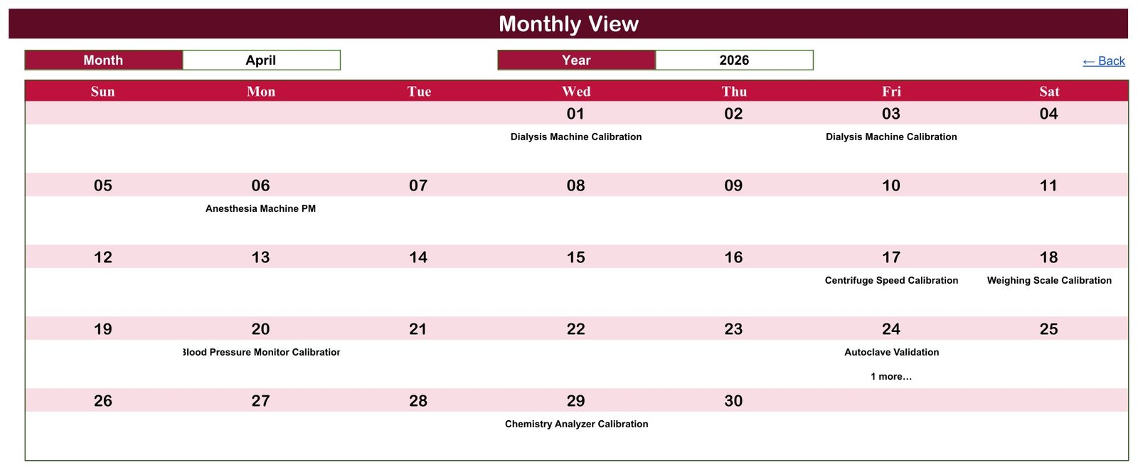 Monthly View showing April 2026 calibration and preventive maintenance tasks placed on their dates