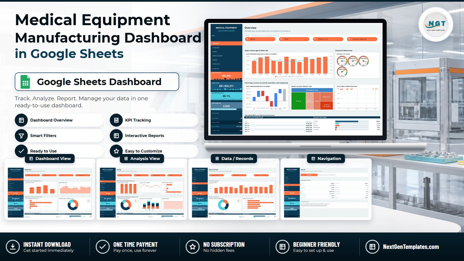 Medical Equipment Manufacturing Dashboard in Google Sheets - six-page reporting template