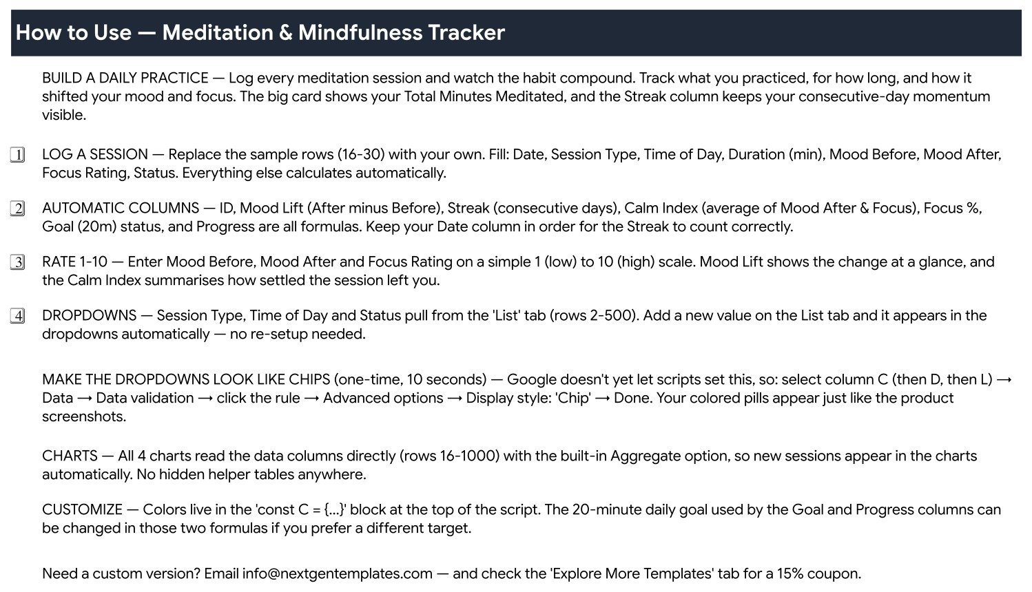 Instructions tab of the Meditation and Mindfulness Tracker in Google Sheets explaining the automatic columns, the 1-10 rating scale and the dropdown lists