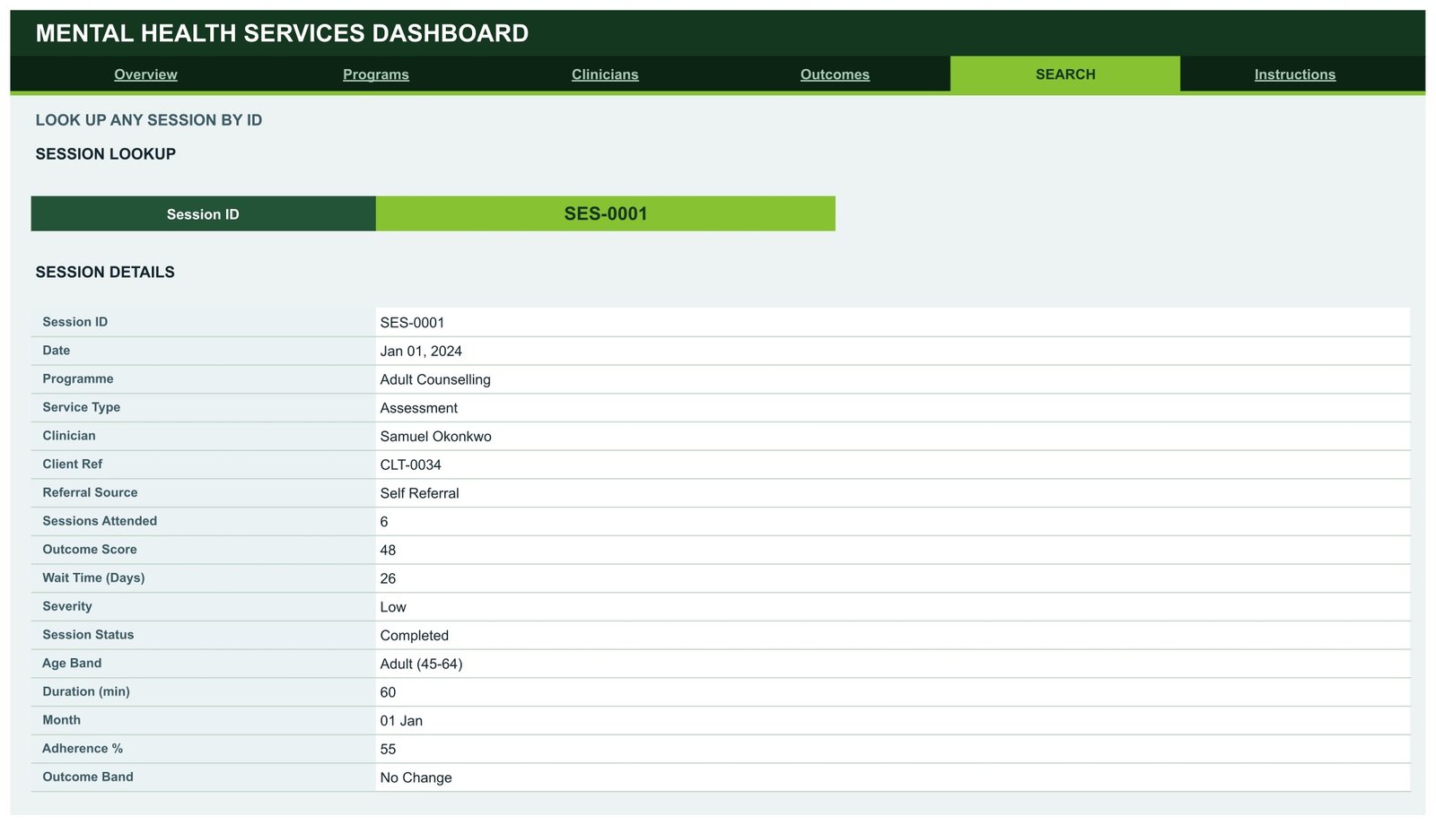 Search page of the Mental Health Services Dashboard in Google Sheets showing a single session record looked up by ID