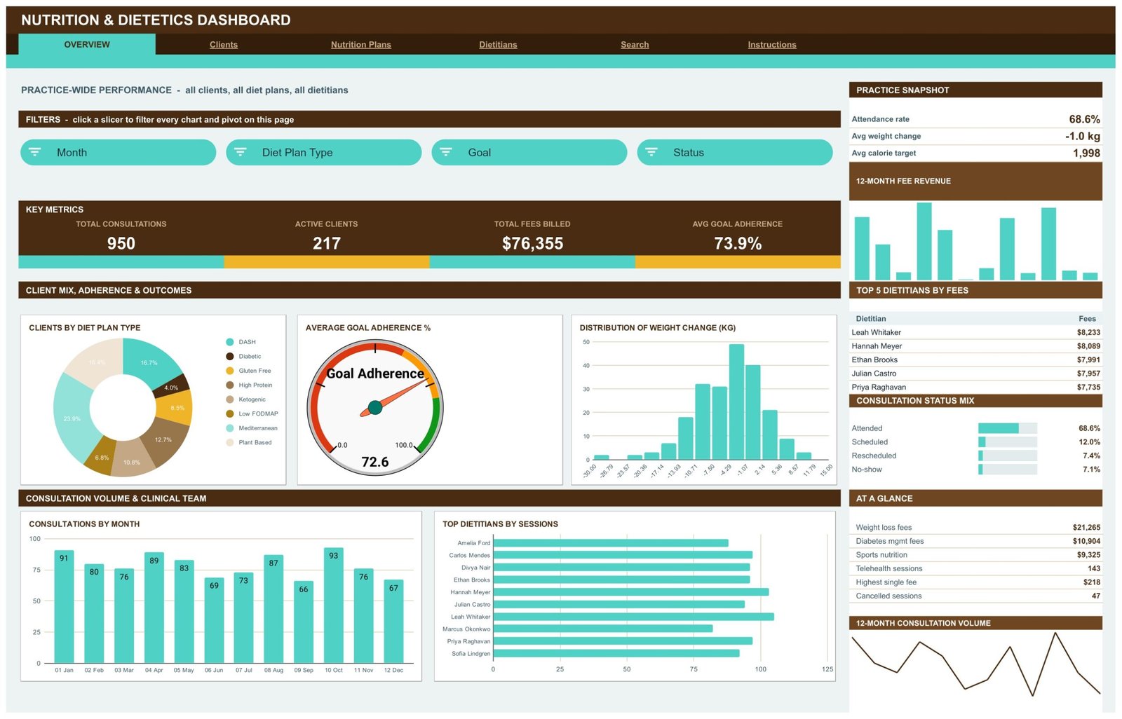 Nutrition & Dietetics Dashboard in Google Sheets Overview page