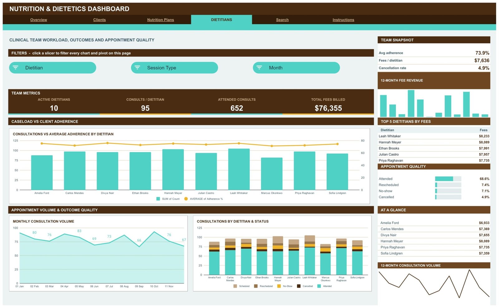 Nutrition & Dietetics Dashboard in Google Sheets Dietitians page
