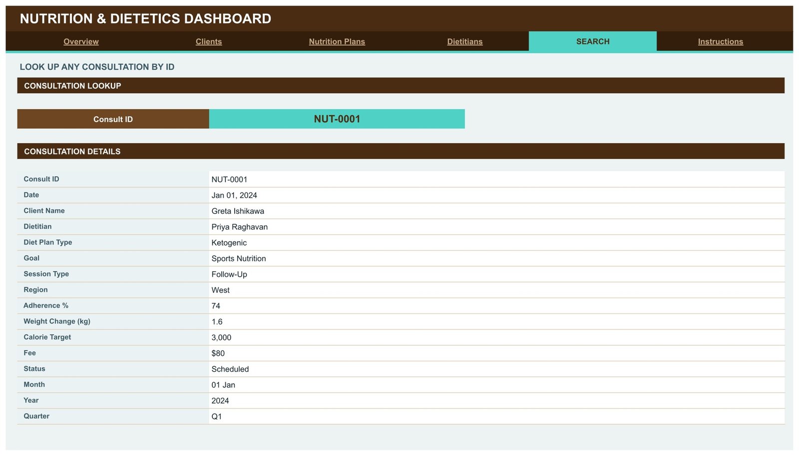 Nutrition & Dietetics Dashboard in Google Sheets Search page