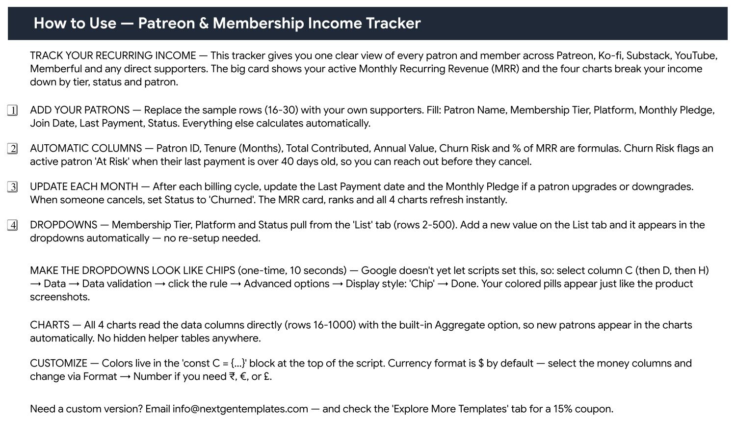 Patreon and Membership Income Tracker in Google Sheets - How to Use instructions page