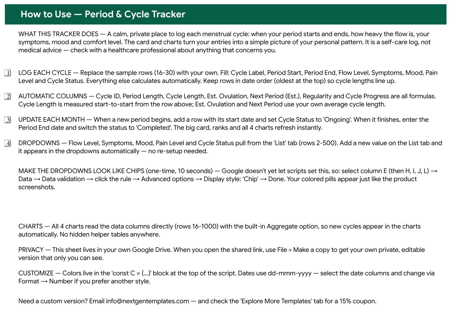 Period and cycle tracker Google Sheets - How to Use tab explaining the automatic columns and dropdowns