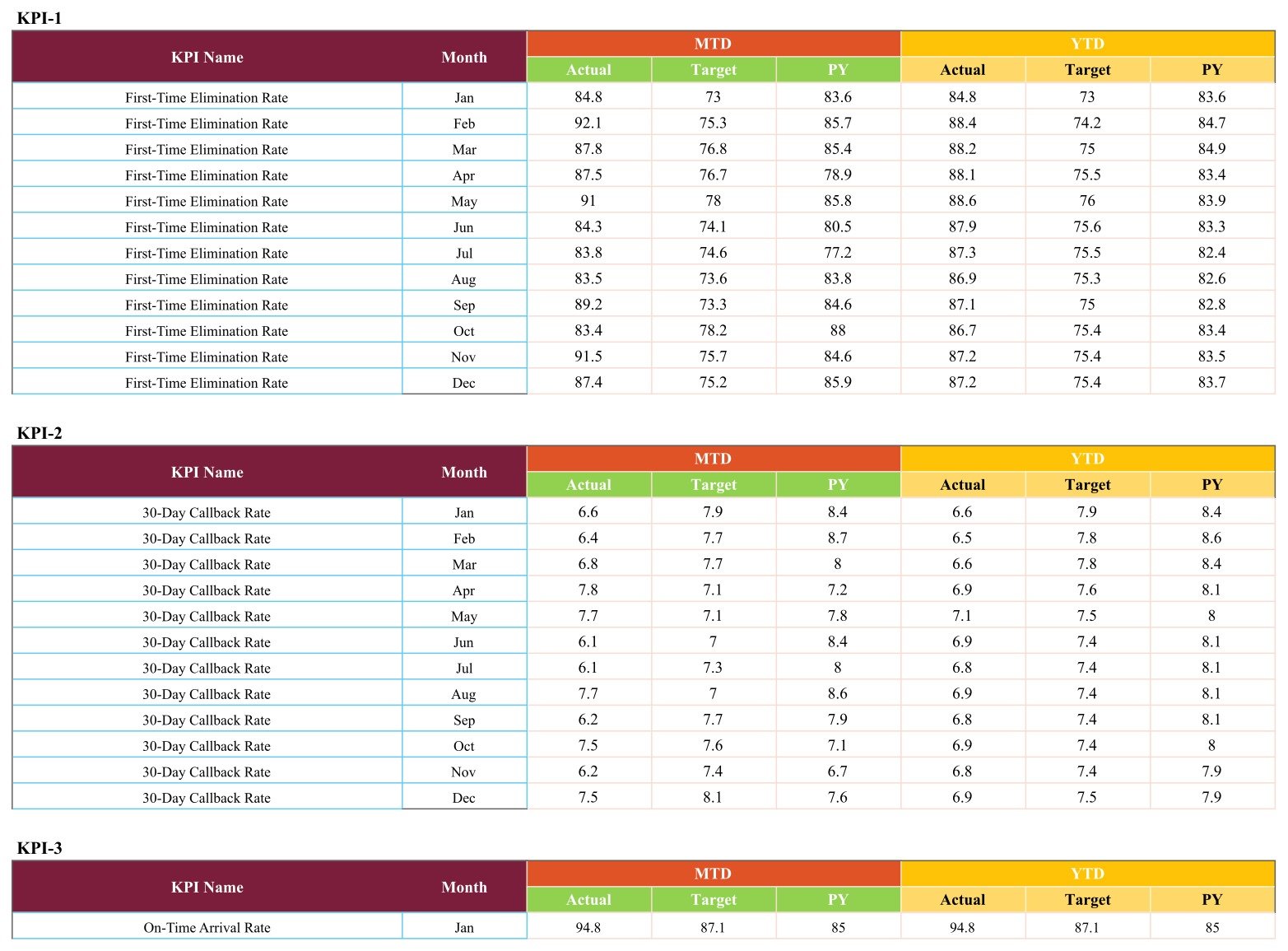 Input Data page with KPI blocks of twelve months showing MTD and YTD actual target and prior year columns