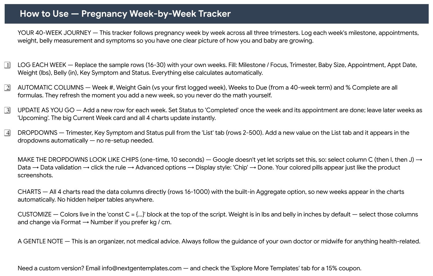 Instructions tab of the Pregnancy Week-by-Week Tracker in Google Sheets explaining the automatic columns and the List tab dropdowns