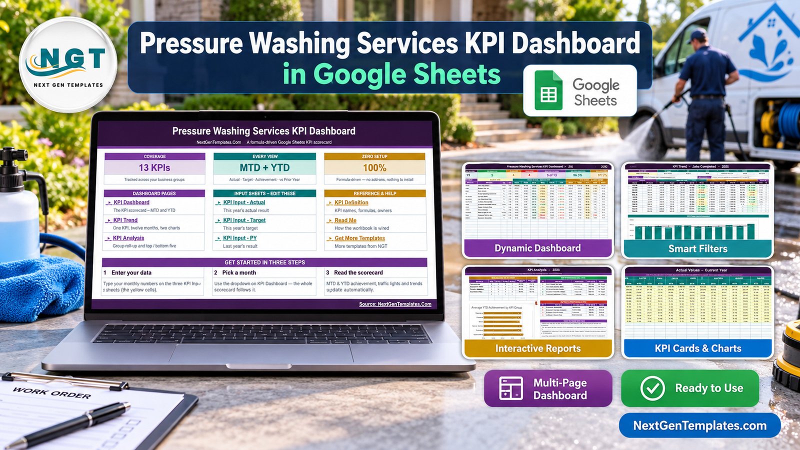 Pressure Washing Services KPI Dashboard in Google Sheets