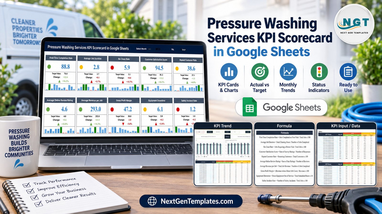 Pressure Washing Services KPI Scorecard in Google Sheets
