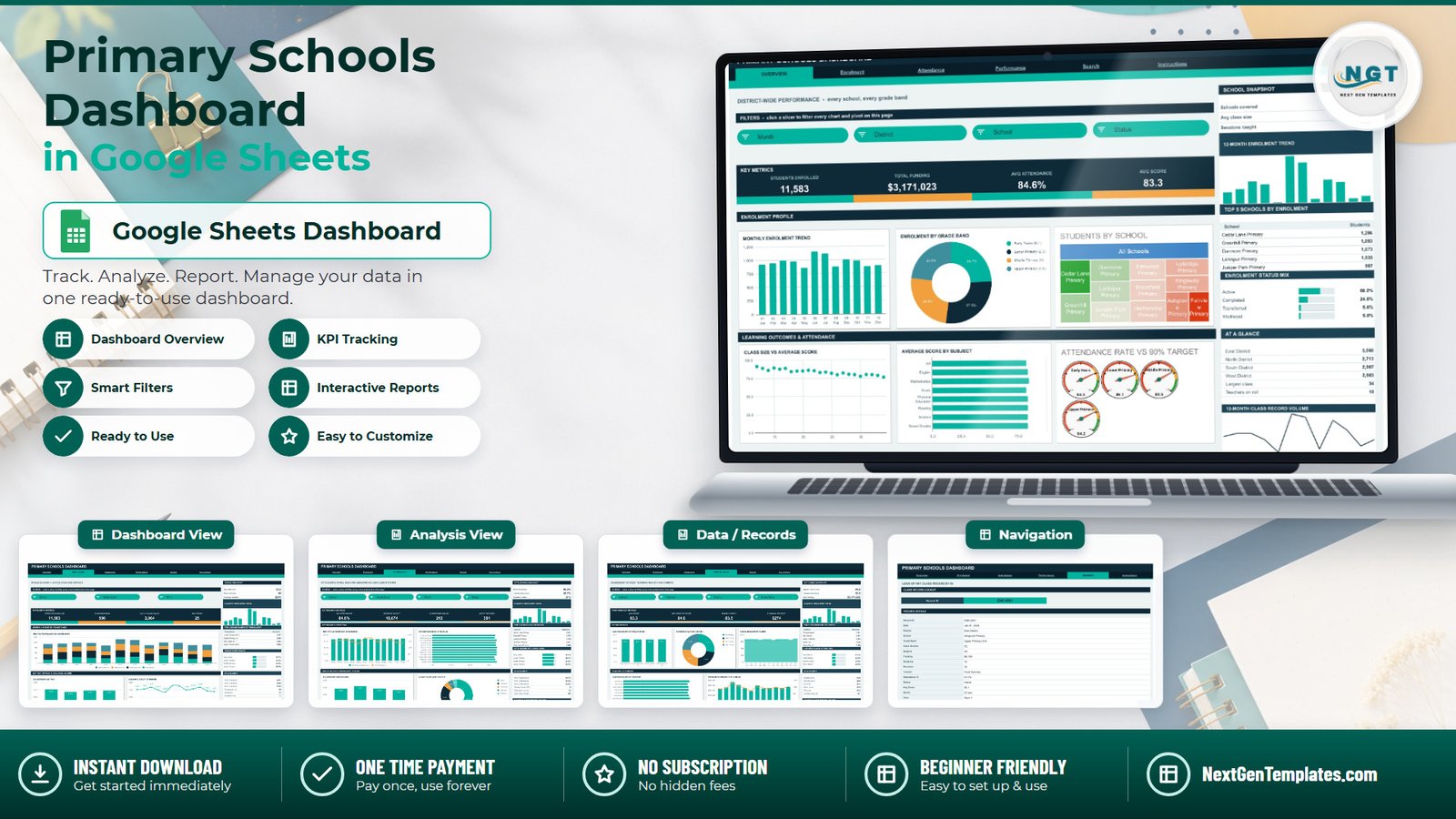 Primary Schools Dashboard in Google Sheets - six-tab reporting template with KPI cards, slicers and charts