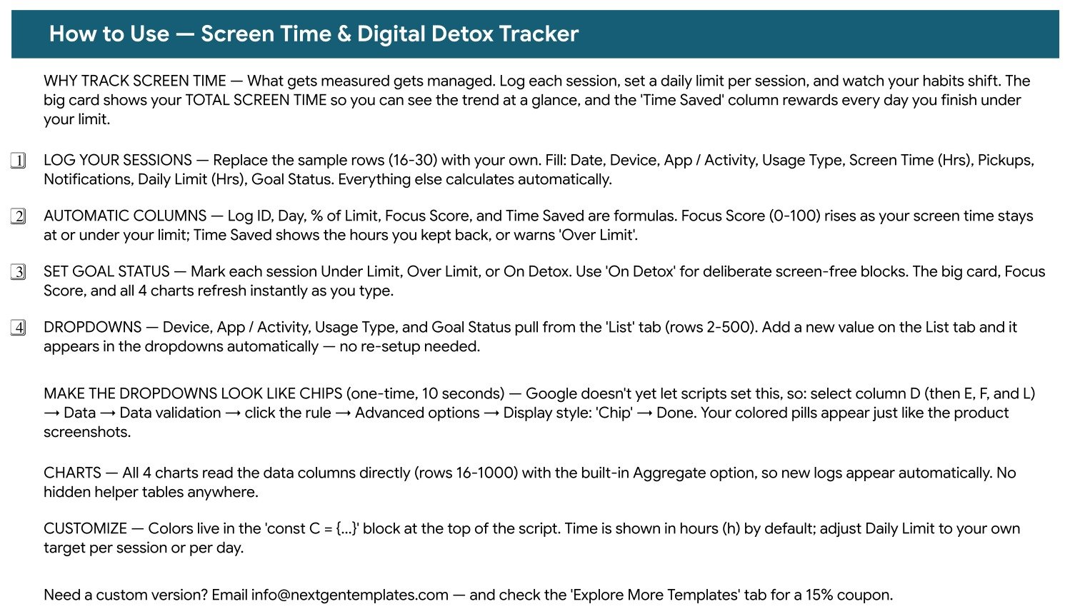 Instructions tab of the Screen Time and Digital Detox Tracker in Google Sheets