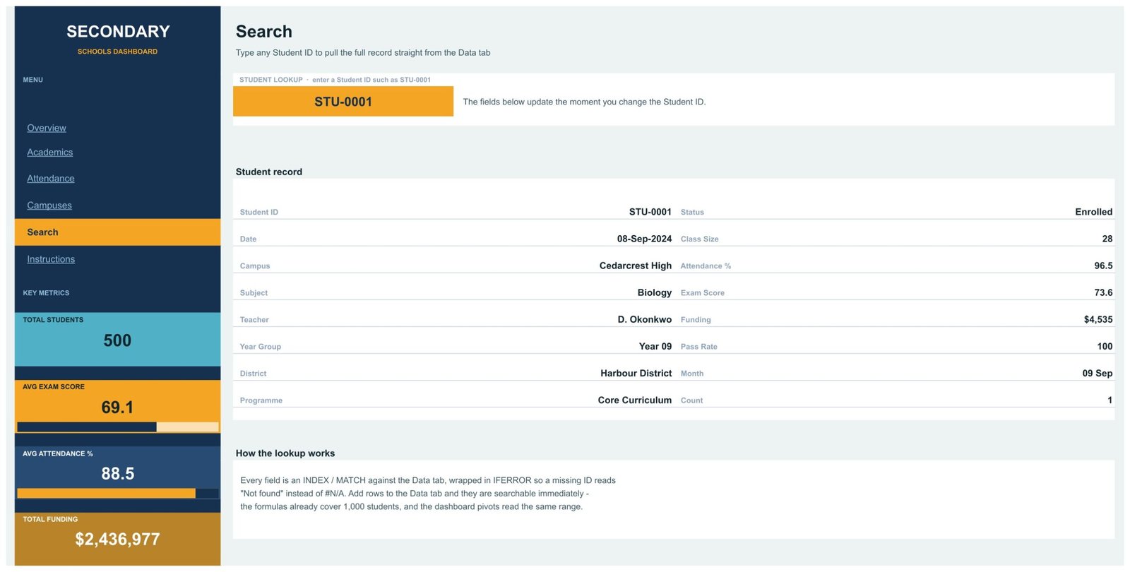 Search page returning a single coded student record