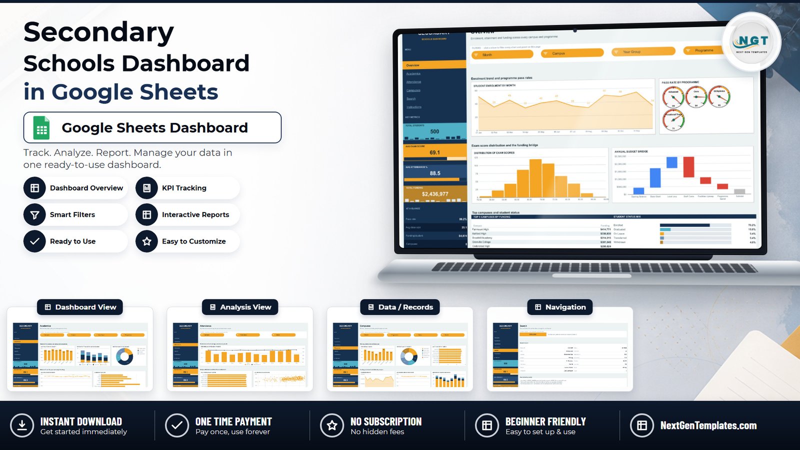 Secondary Schools Dashboard in Google Sheets - five reporting pages built over one student data table