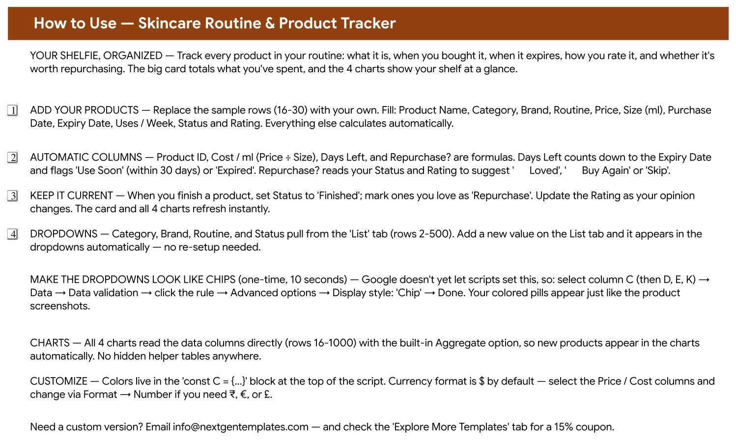 Instructions tab of the Skincare Routine & Product Tracker in Google Sheets explaining the automatic columns and the dropdown lists