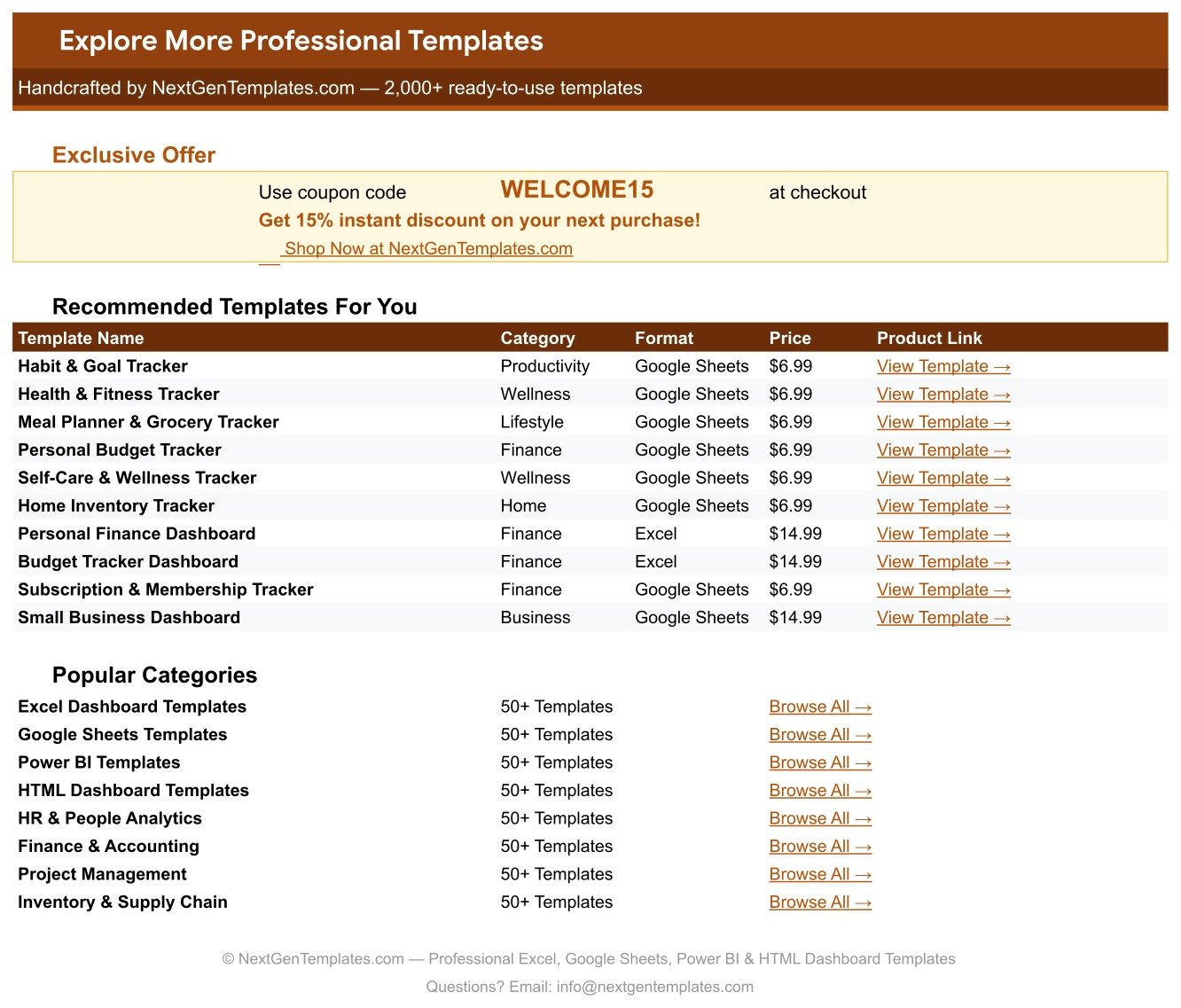 Explore More Templates tab of the Skincare Routine & Product Tracker in Google Sheets with the WELCOME15 coupon