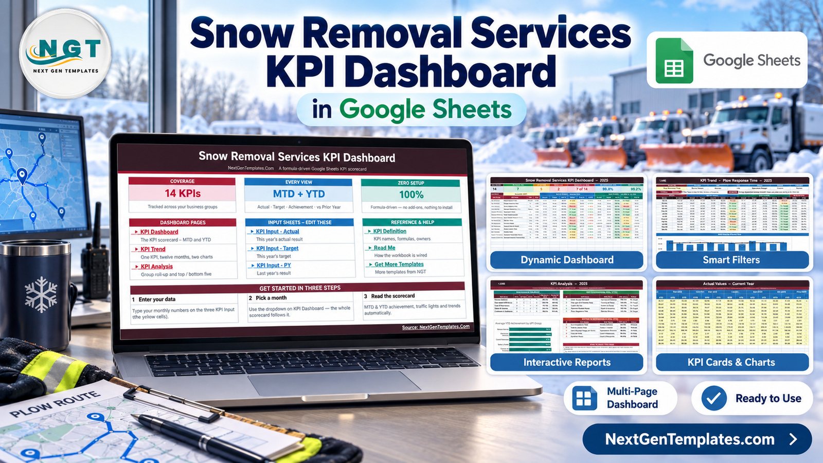 Snow Removal Services KPI Dashboard in Google Sheets