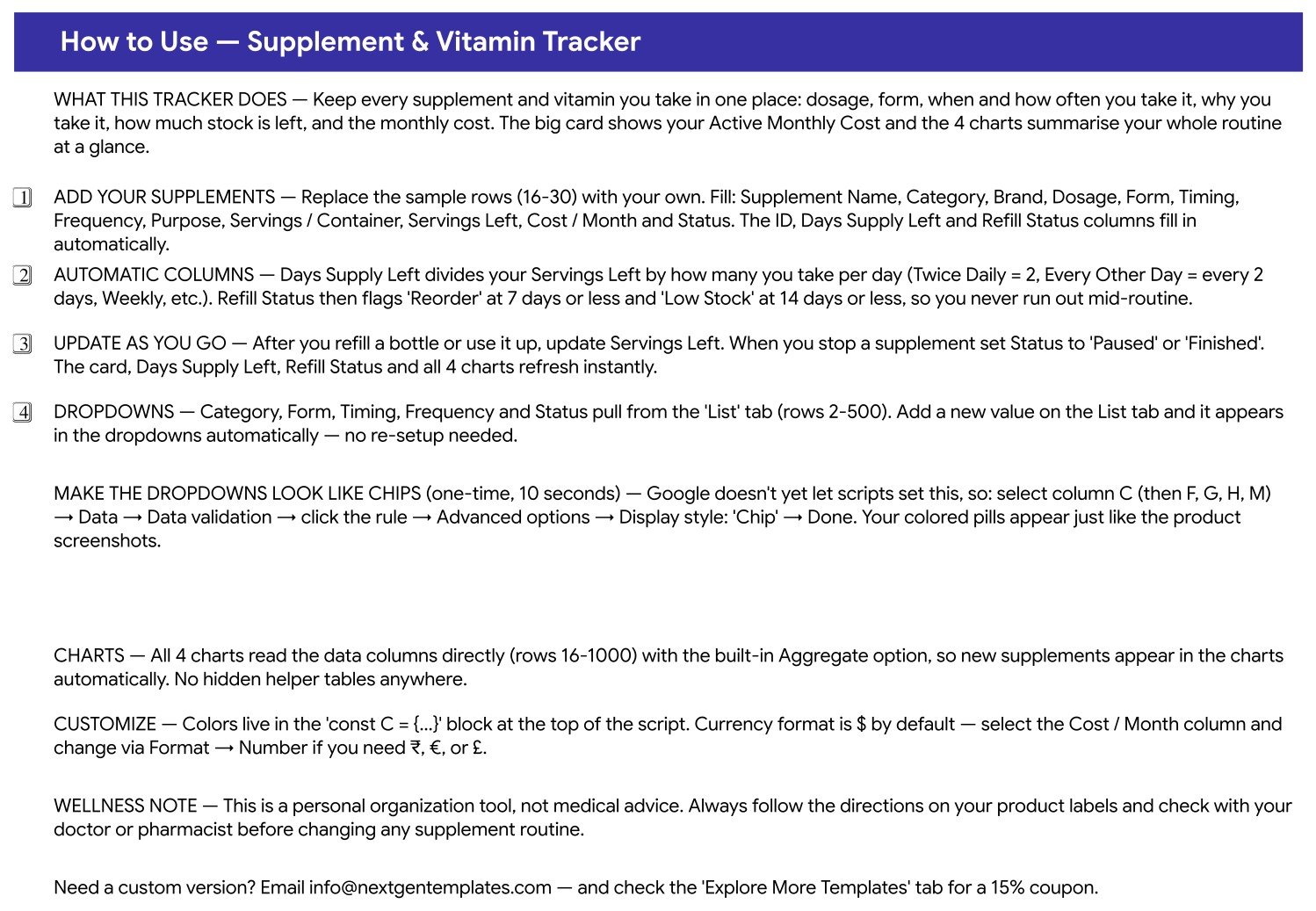 Supplement & Vitamin Tracker in Google Sheets - Instructions tab