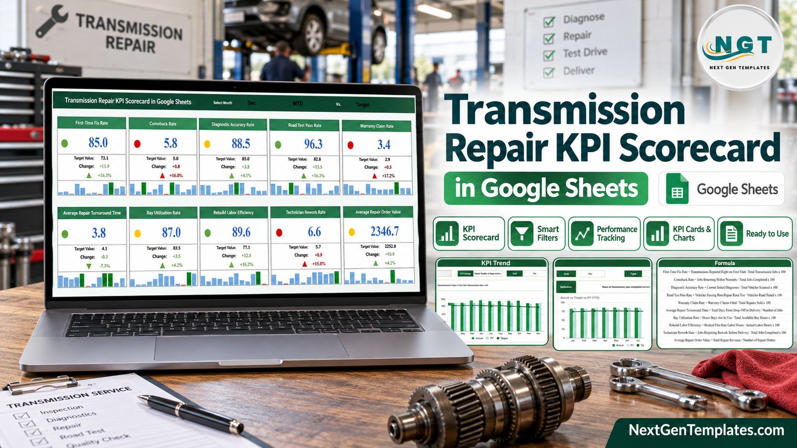 Transmission Repair KPI Scorecard in Google Sheets